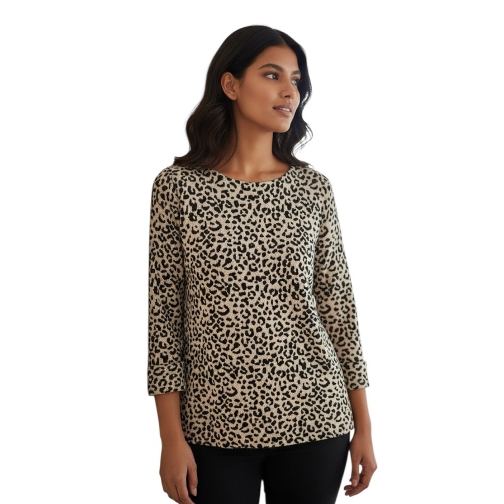 Cynthia Rowley Large Leopard Print Knit Sweater Cuffed Sleeves Casual - Picture 1 of 9